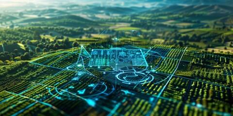 A computer generated image of a city with a green background
