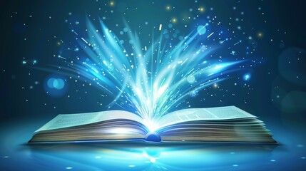 Wall Mural - Magic book glowing with blue light for fantasy or education designs