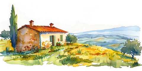 Tuscan watercolor Landscape with Red Roof House and cypress tree. Drawing of scenery with hills. Painting if Italy countryside.