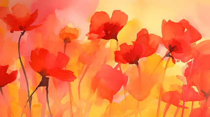 Wall Mural - Watercolor red poppy flowers background