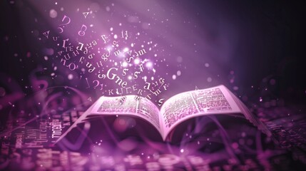 Magical open book with glowing letters for fantasy or spiritual designs