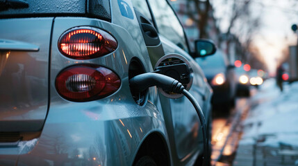 Wall Mural - Electric car charging on a cold day