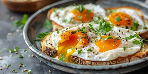 Wall Mural - Keto-Friendly Poached Egg Recipe with Runny Yolk on Toast. Concept Ketogenic Diet, Breakfast Recipes, Poached Eggs, Runny Yolk, Toast