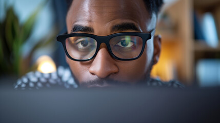 Poster - A man with glasses is looking at a computer screen. Concept of focus and concentration as the man stares intently at the screen. The glasses add a touch of sophistication and intelligence to the scene