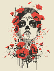 Wall Mural - Sugar skull woman with red poppies. Vector illustration