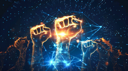 Fists aglow with blue energy and digital networks
