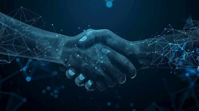 Handshake in digital futuristic style, business technology concept 
