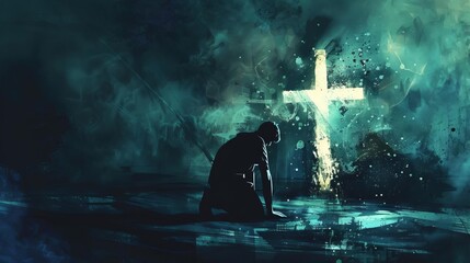 Wall Mural - young man praying in faith kneeling before illuminated cross in dark space digital watercolor painting