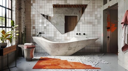 Wall Mural - A Deconstructivism bathroom that celebrates irregularity and unconventional design