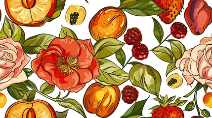 Wall Mural - Vibrant floral and fruit seamless pattern