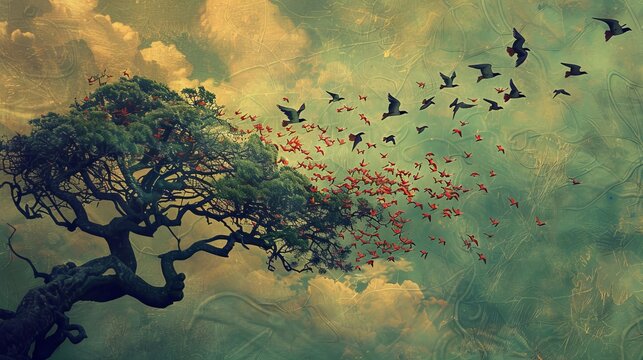 Mystical tree silhouette with birds in a vintage ornamented sky
