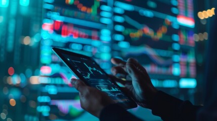 Leinwandbilder - A businessman analyzing stock market data on a tablet, with a background of graphs and charts representing market trends and fluctuations