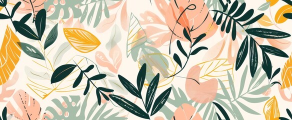 A flat illustration of an abstract jungle pattern with pastel colors, minimalistic shapes and a white background