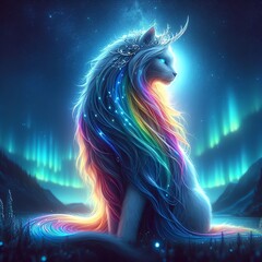 Wall Mural - A breathtaking 3D rendering of a mythological long-haired British cat, depicted with divine proportions and a captivating rainbow. 
