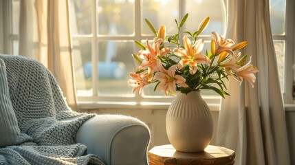 Wall Mural - A vase of flowers sits on a wooden table in front of a window