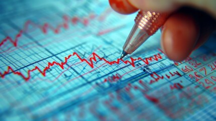 Fototapete - A close-up of a hand drawing trend lines and annotations on a financial graph, depicting analysis and forecasting