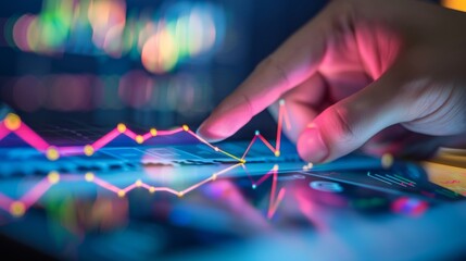 Poster - a close-up of a hand pointing to a rising financial graph on a digital tablet, symbolizing financial