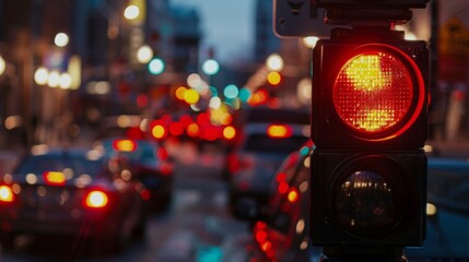 Poster - A close-up of a red traffic signal, indicating 