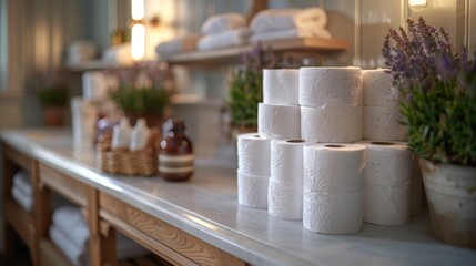 Wall Mural - Toilet paper rolls stacked on marble table, close up view