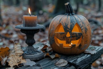 Wall Mural - Carved pumpkin, candle, table