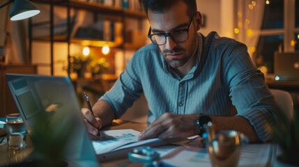 Poster - a financial planner working late at night, reviewing budgeting and investment strategies for clients
