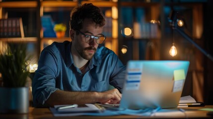 Poster - a financial planner working late at night, reviewing budgeting and investment strategies for clients