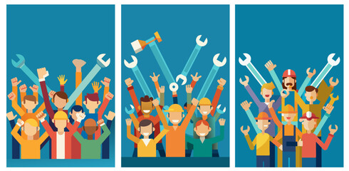 Vibrant set of three posters celebrating labor day. Featuring illustrations of diverse workers. Builders. And employees raising tools and hands in unity and strength. Against a stylized background