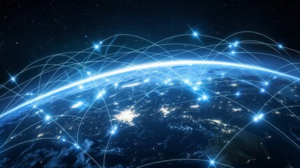 Poster - A global network of telecommunications infrastructure including satellites, towers, and fiber optic cables, enabling connectivity