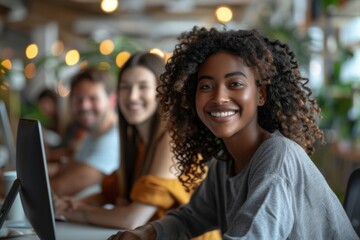 Poster - Woman smiling sitting laptop table