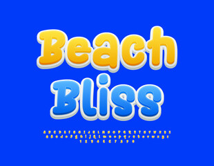 Wall Mural - Vector idyllic emblem Beach Bliss with handwritten Blue Font. Creative Alphabet Letters and Numbers set