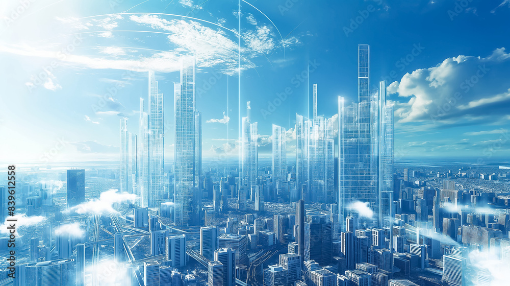 Futuristic Cityscape with Digital Grid and Neon Lights at Dusk ...