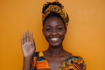 Wall Mural - Cheerful woman in vibrant attire waving at camera