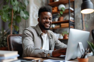 Poster - Happy man seated desk laptop