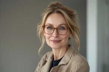 Wall Mural - Happy blonde wearing glasses and tan jacket smiling