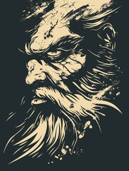 Wall Mural - A man with a beard and a beard is drawn on a black background. The man has a stern expression on his face