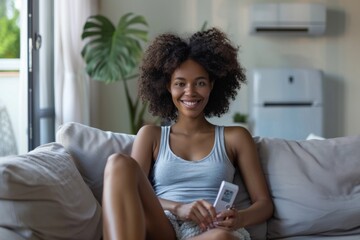 Canvas Print - Couch woman phone smile