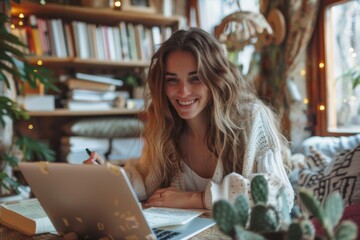 Poster - Happy woman using laptop at table with cactus