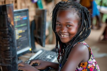 Poster - Happy girl with dreadlocks using laptop