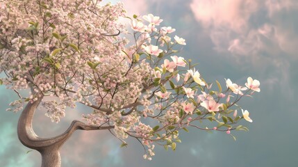 Wall Mural - Pink cherry blossom tree with falling petals for spring or japanese themed designs
