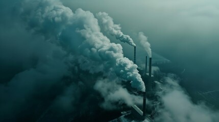 Poster - A power plant emitting plumes of smoke and steam into the atmosphere, contributing to greenhouse gas emissions and global warming