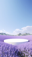 Wall Mural - A white round podium in the center of an endless lavender field