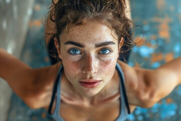 Wall Mural - Woman freckles blue tank top