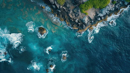 Wall Mural - Aerial view of the ocean rocky shore