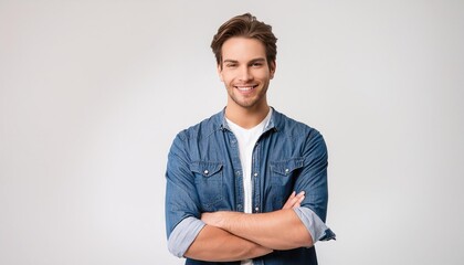 Wall Mural - Confident caucasian young man in casual denim clothes