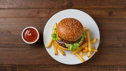 Canvas Print - Hamburger and potato French fries with ketchup on wooden table, top of view