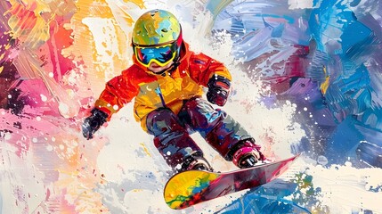 Vibrant Snowboard Mixed Media Depiction of an Infant Shredding the Slopes with Joyful
