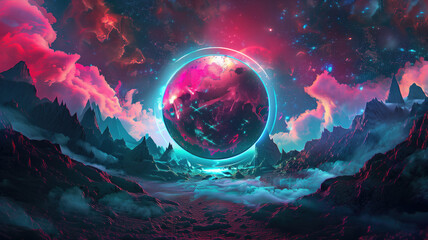 Wall Mural - Cosmic Space Station, Portal Neon light Glow, Abstract Landscape, with Mountains. Generative Ai
