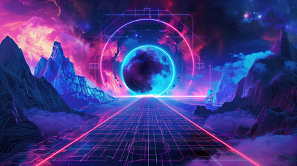 Wall Mural - Cosmic Space Station, Portal Neon light Glow, Abstract Landscape, with Mountains. Generative Ai
