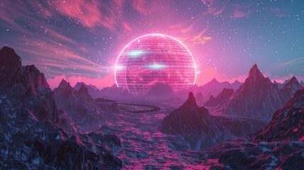 Wall Mural - Cosmic Space Station, Portal Neon light Glow, Abstract Landscape, with Mountains. Generative Ai