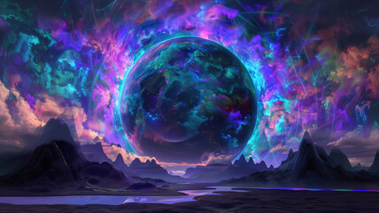 Wall Mural - Cosmic Space Station, Portal Neon light Glow, Abstract Landscape, with Mountains. Generative Ai